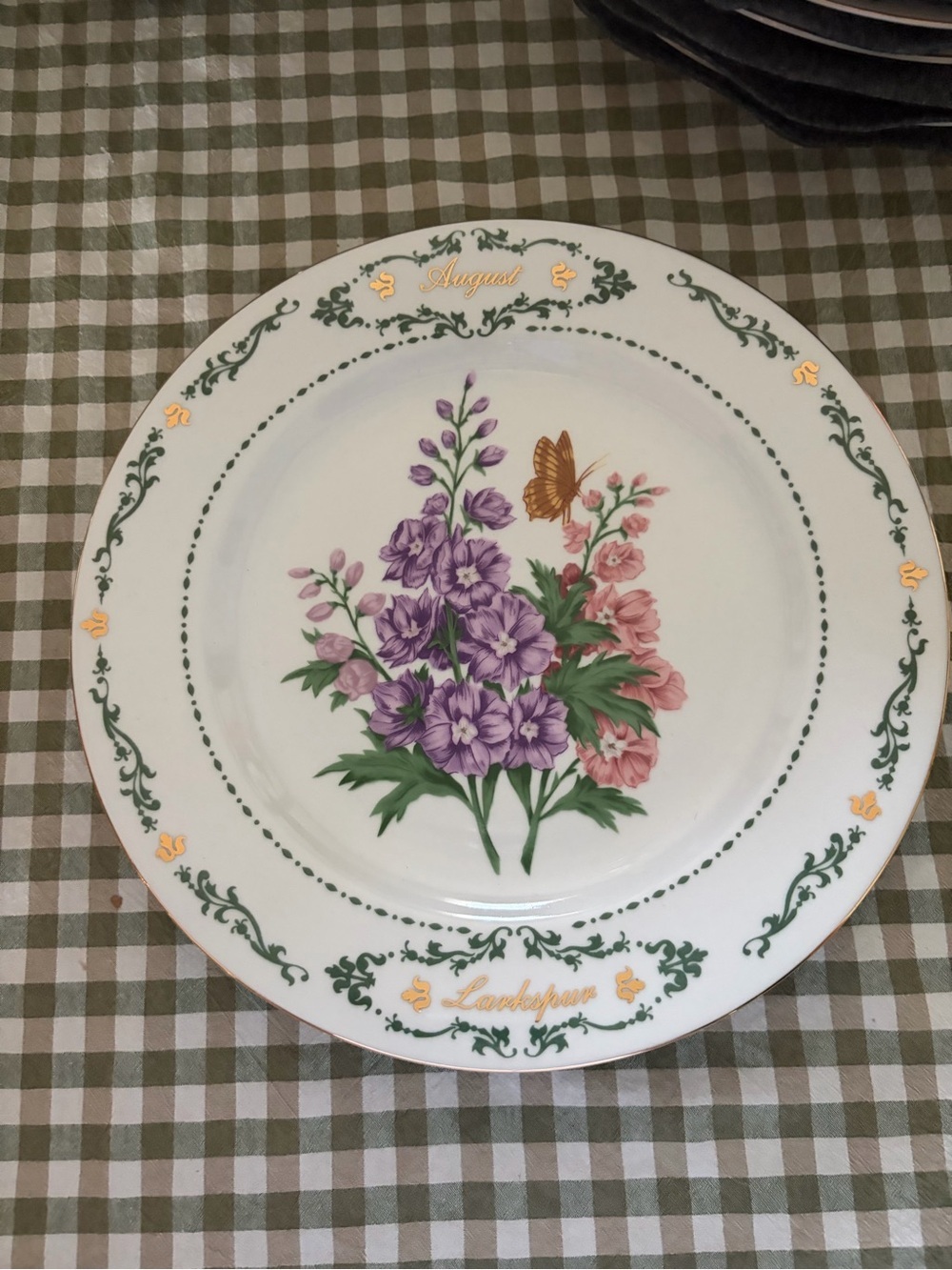 Floral Butterfly Dinner Plate in White with Purple and Pink Accents